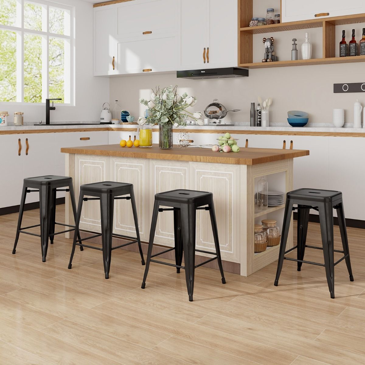 Set of 4 Metal Nesting Bar Stool with Handing Hole for Home Kitchen